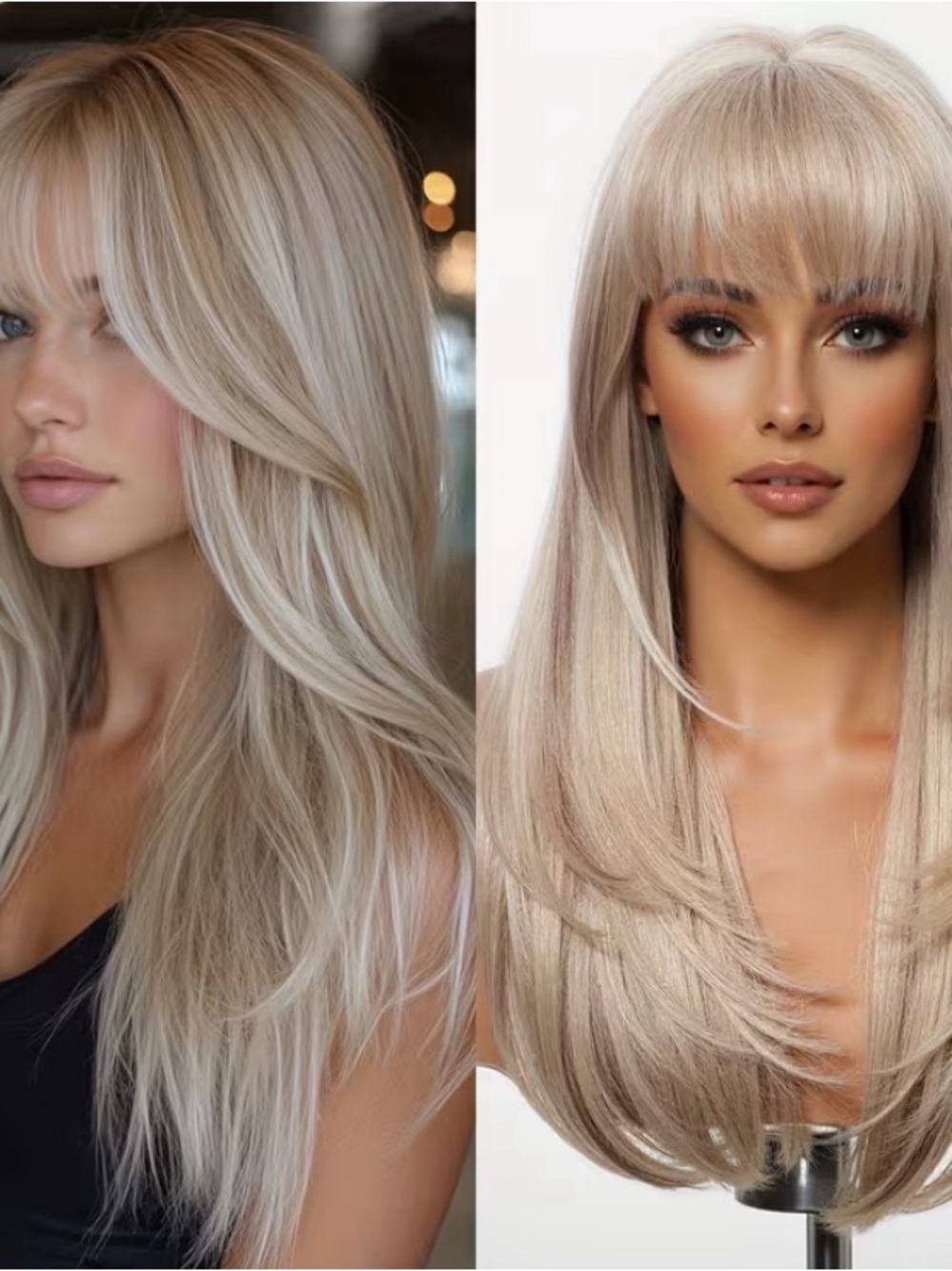 Long Layered Women's Wig with Soft Bangs - Cool Blonde